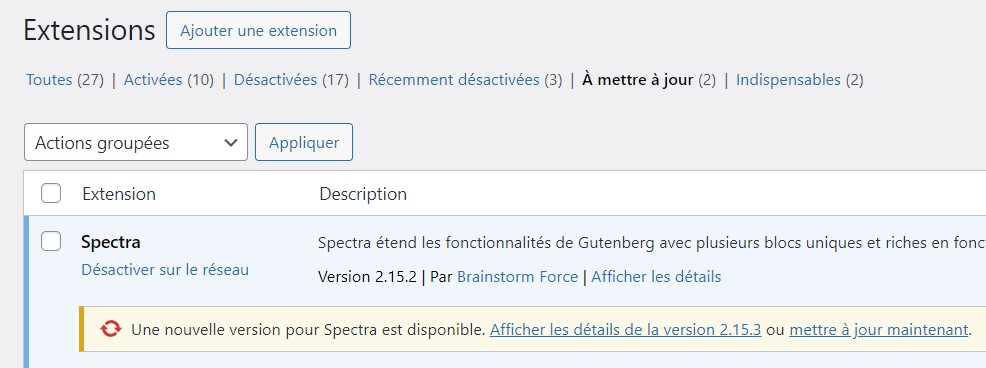 Impression d'écran du menu des extensions WordPress, section "A mettre à jour". Deux plugins sont à mettre à jour pour garantir la sécurité de votre site WordPress