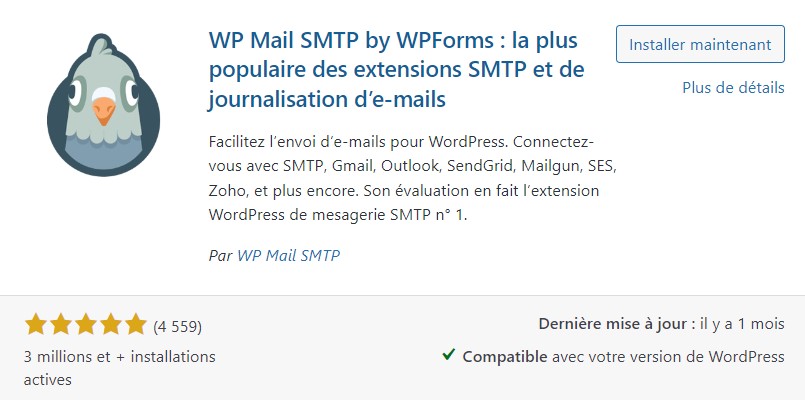 Impression d'écran d'une extension fiable pour configurer le SMTP sur un site WordPress : WP Mail SMTP by WPForms.