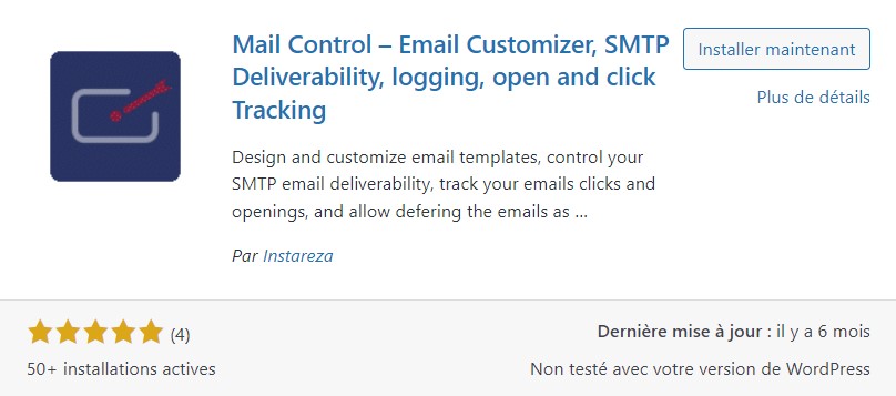 Impression d'écran d'une extension WordPress non-fiable pour la configuration d'un SMTP sur WordPress : Mail Control - Email Costumize, SMTP deliverability, logging, open and click Tracking