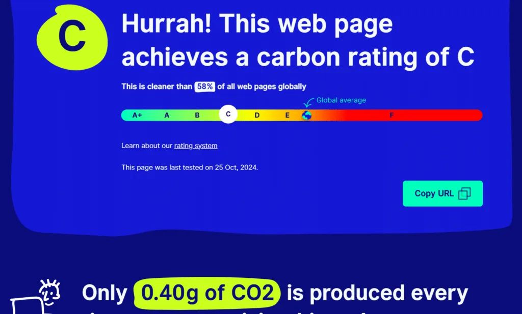 La page d'accueil d'un site créé avec Divi, produisant 0.40g de CO2, équivalent à un score C.
