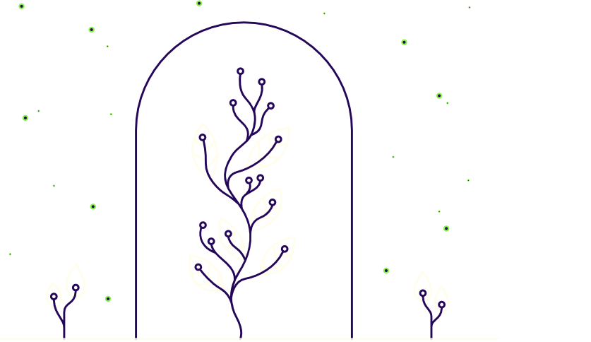 Illustration décorative d'une plante virtuelle, évoquant des algorithmes, grandissant sous une cloche de verre